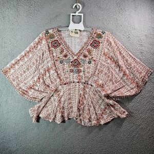 NEW‎ Savanna Jane Embroidered Top Women Small Boho Geometric Floral White Brown